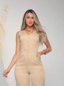 Women's Tailored Jumpsuit With Button At The Front C3154 - Beige - View 5