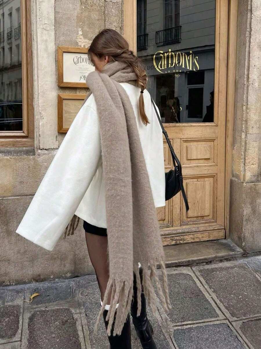 1 Stück Damen Herbst/Winter weißer einfarbiger vielseitiger College-Stil eleganter grober Bart dicker warmer Schal, geeignet für Kälteabwehr beim Einkaufen und Anziehen in der Herbst-/Wintersaison