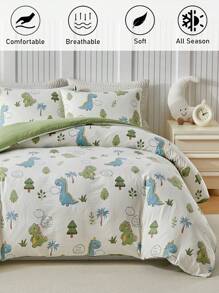 2/3件套卡通恐龙印花床上用品套装，可爱恐龙床单套装，适合儿童四季使用，柔软透气，可机洗（1个被套+1/2个枕套）