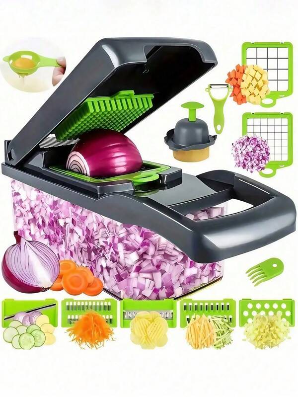 Juego completo de 16 piezas de picador de alimentos manual, cortador y rallador versátil para vegetales y ensaladas, con cuchillas intercambiables para cebolla, patata y otros utensilios de cocina