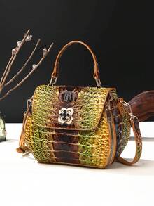Classic Solid Color Mini Square Handbag, Crocodile Pattern Top Handle Bag For Women - 6#黃+棕 - 查看 2