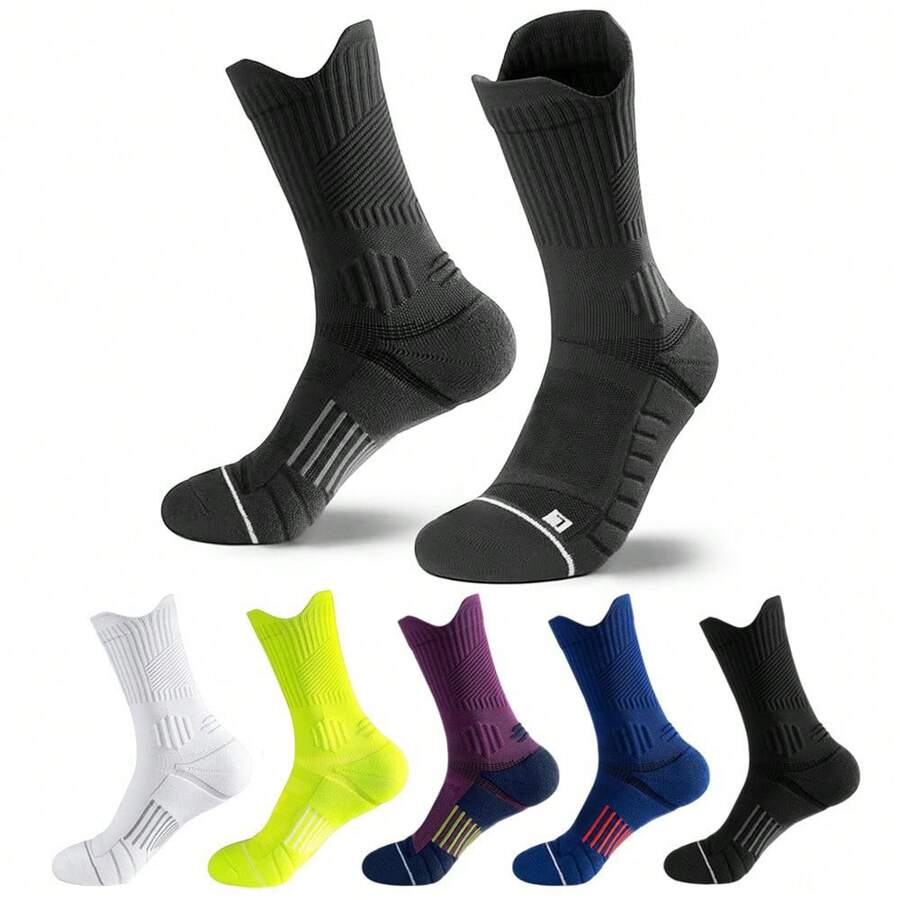 4 Pairs Random Color Sports Socks, Basketball Socks, Running Socks With Terry Cloth Bottom, Moisture Wicking And Breathable - Multicolor - View 1