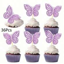 12/24 pezzi Decorazioni per cupcake a forma di farfalla a doppio strato, decorazioni per cupcake 3D con glitter, stuzzicadenti per cocktail a forma di farfalla - Multicolore - Visualizzare 13