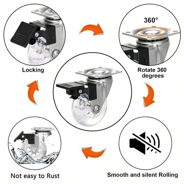 4pcs 2-Inch Caster Wheels With Brakes, Transparent Swivel Plate Casters, Quiet Locking Casters With Clear Polyurethane (PU) Wheels, Comes With Mounting Screws