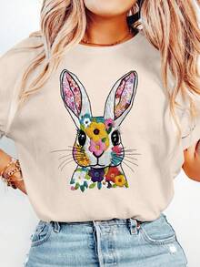 Women's Short-Sleeved T-Shirt, Humanoid Embroidered Bunny T-Shirt, Easter T-Shirt - 杏色 - 查看 3