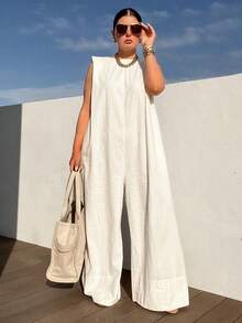 Summer Women's Casual Coveralls Solid Color Round Neck Sleeveless Loose Wide Leg Jumpsuit Streetwear Playsuit - 白色 - 查看 4