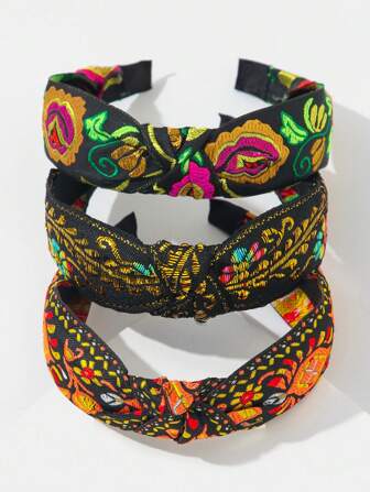 3pcs Vintage Embroidered Knotted HeadBand, Hair Hoop Hairband For Women Hair Accessories