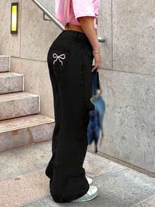 Quần jeans nữ ống đứng màu sáng cổ điển với túi sau thêu họa tiết, thích hợp mặc hàng ngày, màu đen mùa xuân. - màu đen - Xem 3