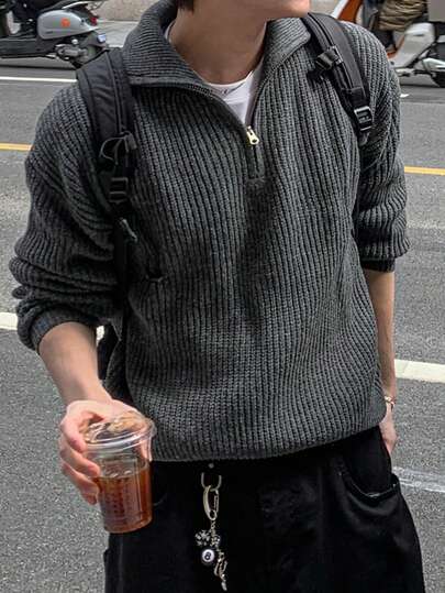 Autumn/Winter New Knitted Casual Loose Pullover Sweater, Simple Style Beaded Texture, Commuting Business Casual Collar Zipper Long Sleeve Oversized Unisex Knitwear