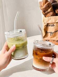 1个条纹玻璃杯，带吸管和盖子 - 600毫升/20.29盎司，400毫升/13.5盎司，优雅玻璃饮水杯，适用于咖啡、茶、牛奶、冰咖啡和拿铁，返校必备饮品杯 - 無色 - 查看 10