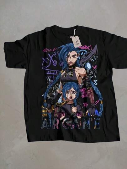 Jinx Arcane T-Shirt Japanese Anime Cartoon Jinx Black T-Shirt 044  Graphic T Shirts  Oversized T Shirt Women's Clothing