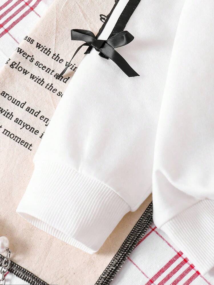 青少年女孩卡通印花圆领运动衫和运动裤套装 - 白色 - 查看 4