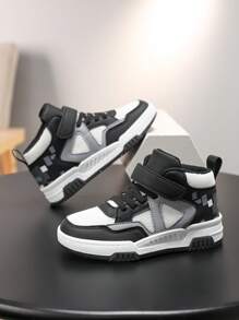 1 Pair Children's Mixed Material Splice Leather Waterproof Platform Mid-Top Casual Sneakers, Fashion Unisex Kids Sports Shoes, Suitable For All Seasons - Black - View 3