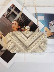 Geantă de mână mini cu perle brodate, cu perle, mari și mici, cu nasturi și perle, cu două fețe