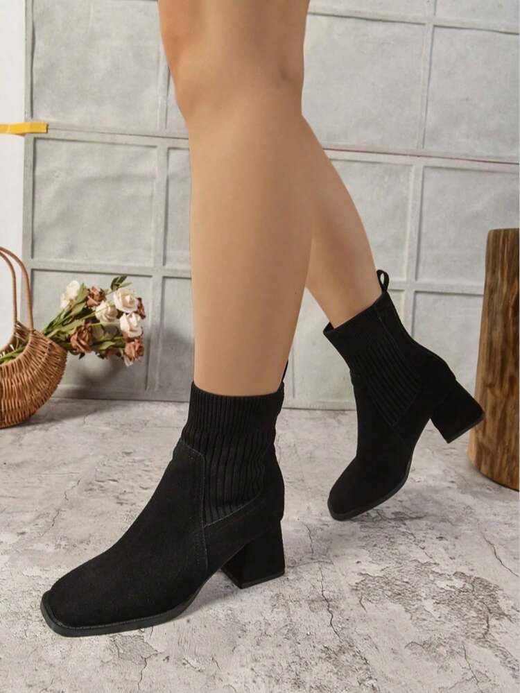 1 双女式纯色性感面料拼接中筒靴，粗跟，适合派对，四季皆宜 - 黑色 - 查看 5