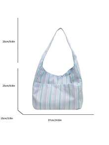 Large Capacity Women's Cloth Bag, Shoulder Bag, Casual Versatile Striped Tote Bag - Blue - View 4