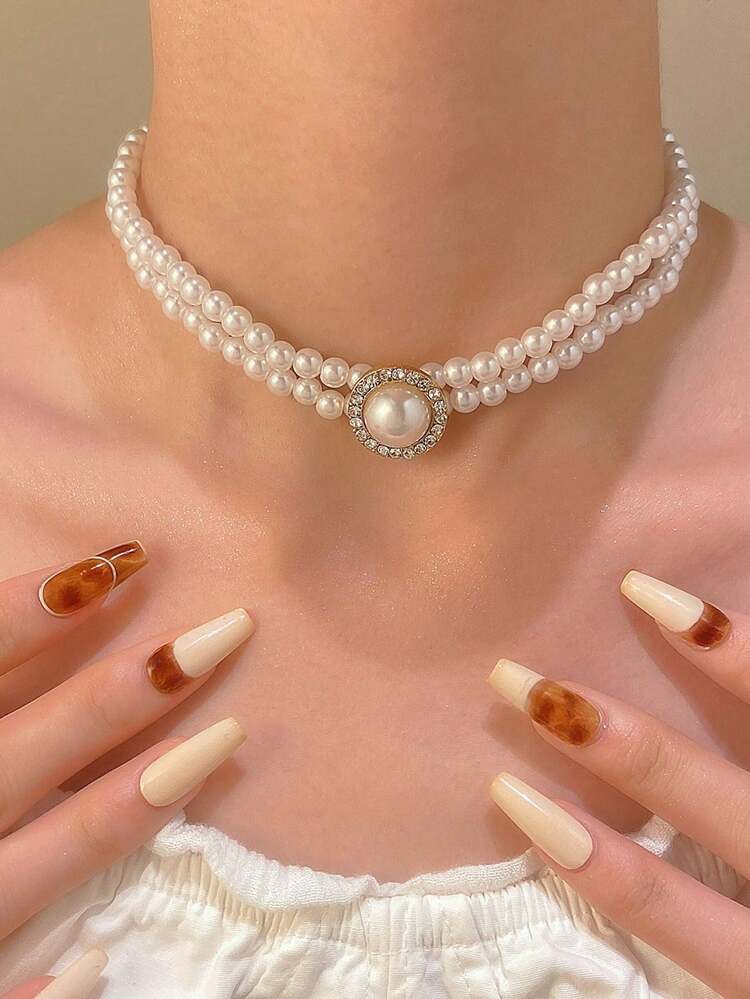 1pc Luxury Elegant French Style Short Multi-Layer Turquoise Beads Choker Necklace For Women, Party, Holiday, Versatile - Turquoise - View 5