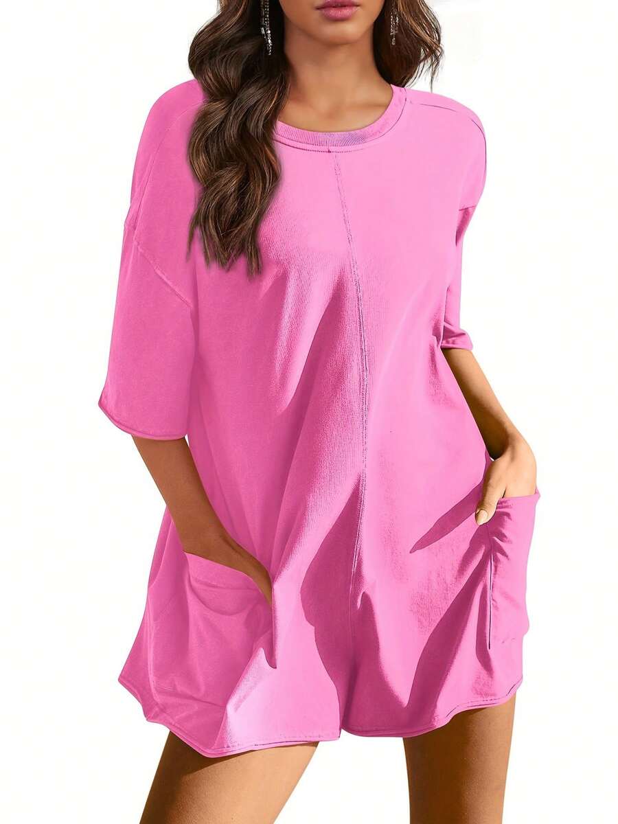 Women's Summer Oversized Athletic Jumpsuit Casual Short Sleeve Romper With Pockets - Loose Fit Playsuit Tracksuit Style - 玫紅色 - 查看 1