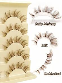 Rikuaild 5 Pairs Cartoon Style Brown False Eyelashes, Anime Style, Fluffy & Natural, Lightweight & Soft, Time-Saving, Brown Lash Extension Tools, Cartoon Doll Transparent Band, Reusable, Natural Lash Look, Makeup False Lashes - Cat eye Lashes - View 3
