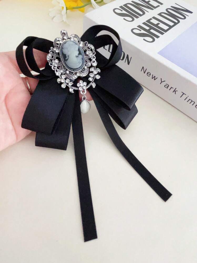 Dark Vintage Victorian Matte Satin Ribbon Bow Rhinestone Embellished Mermaid Relief Water Drop Pendant Collar Accessory For School Shirt - Black - View 2