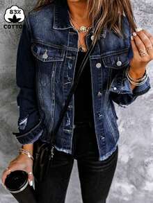 女士做旧水洗牛仔外套，适合秋季穿着 - 深色水洗藍 - 查看 2