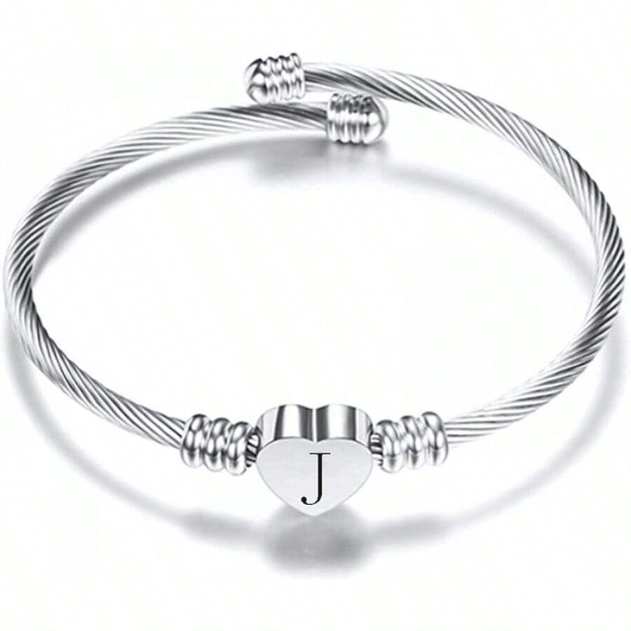 Silver Heart Initials Bracelet-A-Z Stainless Steel Engraved Charm Bracelet, Woman Jewelry Birthday Festival Gift - 銀 J - 查看 1