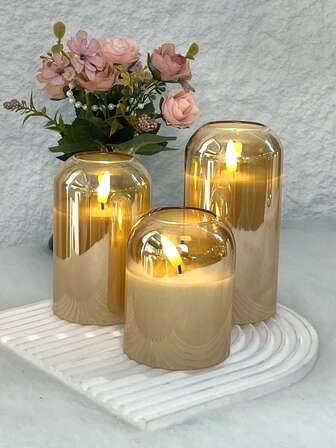 1/3 PCS Flameless Candle Lights With Timer/Remote Control, Battery Powered, Wish Candle Lights, Odorless Candle Lights, High-Grade Glass Transparent Cover, 3-Piece Set Realistic Flame Candle Pillars, Warm Flame, Suitable For Home, Bedroom, Wedding, Proposal, Christmas, Halloween, Company Dinner Party
