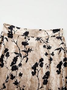 EARO 时尚杏色丝绒印花休闲简约日常百搭高腰显瘦弹力腰及膝A字裙，优雅品质，秋冬春季 - 杏色 - 查看 3