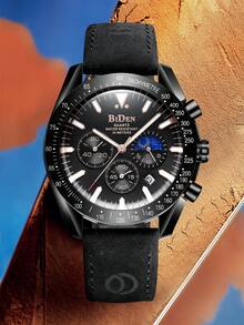 BIDEN 男士腕表，休闲运动计时表，带夜光、日期显示，男士商务石英表。防水，真皮表带 - 均碼 - 查看 6