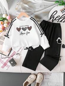 Toddler Heart Print Warm Crew Neck Sweatshirt And Pants Set