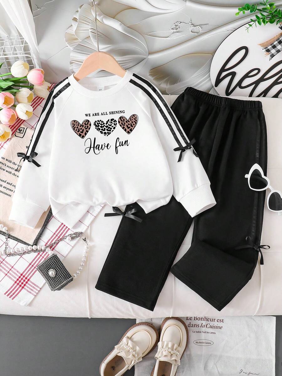 Toddler Heart Print Warm Crew Neck Sweatshirt And Pants Set