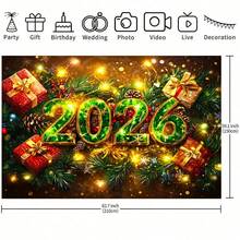 1 Piece Of 2026 New Year Celebration Backdrop - Dazzling Green And Gold Tones, With Red Gifts, Golden Pine Branches And Bright Yellow Lights, Suitable For Christmas, New Year Celebrations, Holiday Gifts, Weddings, Proposals, Birthdays, Anniversaries, Theme Parties, Event Displays, Bedrooms, Living Rooms, Gardens And Outdoor Decorations, Studio Props