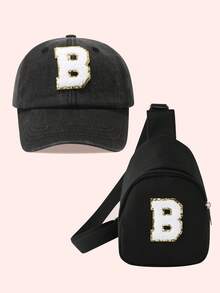 2件套儿童男童纯色26字母棒球帽和卡车帽配迷你背包套装，女童2件套轻便便携式零钱包，适合日常户外防晒