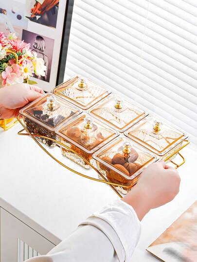 1 Set Luxus Snack Teller Set, gewellte Schale, Kunststoff Obst- & Süßigkeiten Tablett mit Deckel auf goldenem Tablett, dekorative Fächerschale für den Couchtisch, geeignet für Wohnzimmer, Ramadan