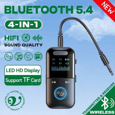 VAORLO 四合一蓝牙 5.4 音频接收器/发射器，支持 3.5mm AUX 音频输入、TF 卡扩展、立体声音乐播放、LED 显示屏、内置麦克风、无线适配器，适用于汽车、电视、电脑等设备。