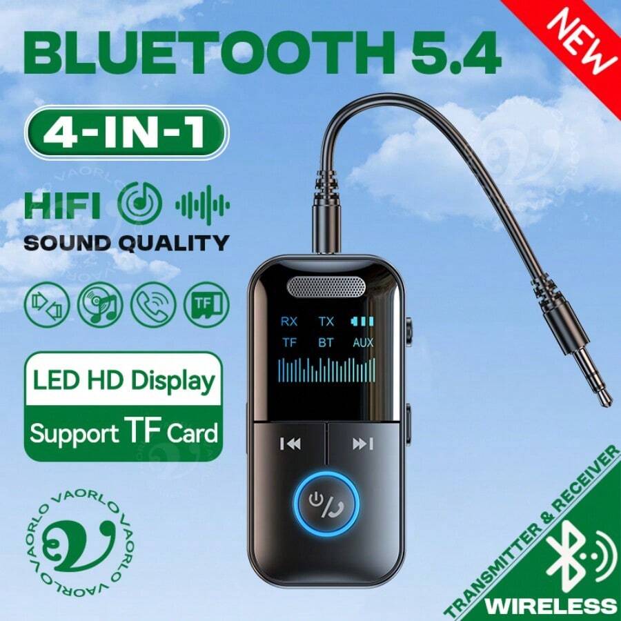 VAORLO 4-In-1 Bluetooth 5.4 Audio Receiver/Transmitter, Supports 3.5mm AUX Audio Input, TF Card Expansion, Stereo Music Playback, LED Display, With Microphone, Wireless Adapter, Suitable For Car, TV, Computer