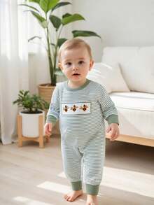 Baby Boy Thanksgiving Stripe Romper Casual Turkey Embroidery Long Sleeve Jumpsuit For Infant Toddler Cute Outfit - Green - View 8
