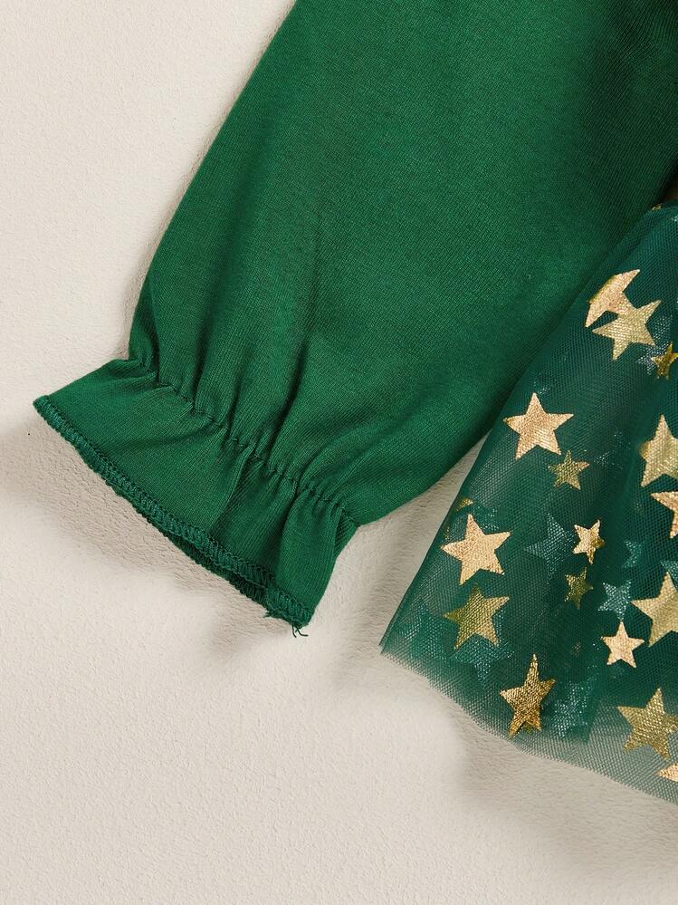 Vestido navideño para niñas pequeñas, manga larga, letras navideñas, estrellas y diadema. - Verde - Añade 7