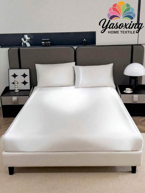 3pcs Solid Color White Satin Fitted Sheet Set Simulation Silk Fitted Sheet Set With 1pc Fitted Sheet+2pcs Pillow Case Without Filler, Modern Soft Bedding Set For Household Sheet Deep Pocket Up To 13.8 Inch Satin Pillowcase, Soft Breathable Wrinkle-Free Better For Sleep, Luxury Hotel Style, Gift For Mom Dad Friend Domitory Bedding Back School Bedding