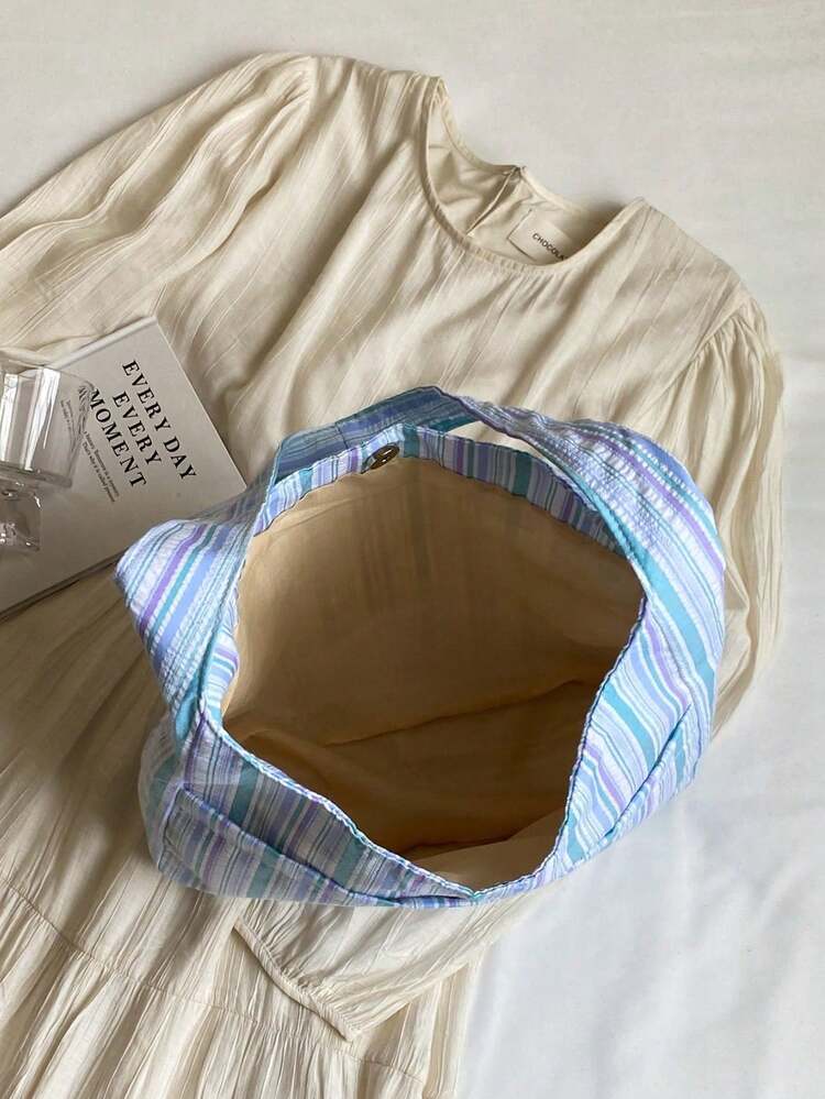 大容量女士布包单肩包休闲百搭条纹手提包 - 藍色 - 查看 6