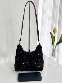 今年最流行的手提包，女士新款时尚韩版亮片托特包，迷你方形单肩包 - 黑色 - 查看 2
