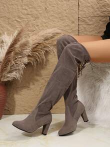 Fall/Winter New Thigh High Boots For Women, Elastic Over The Knee Boots, Chunky Heel Slim Fit Tall Boots, Fashion High Heel Shoes In Black, Grey, Red - Light Grey - View 1