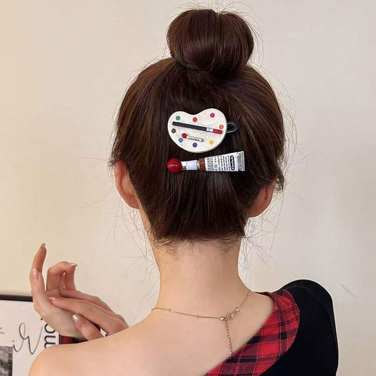 2个逼真文具调色盘夹，可爱女孩刘海发夹，艺术生礼物发饰，趣味绘画调色盘夹，爪夹，发爪，发夹，发卡，发夹，鳄鱼夹，发饰，头部饰品，女士发饰，发卡 - 彩色 - 查看 4