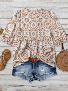 女士休闲舒适竹编打结印花拼接V领套头衫 夏季度假 - 玫瑰金 - 查看 2