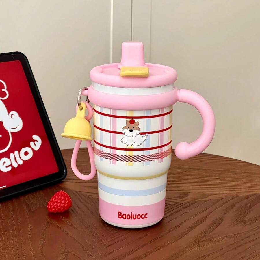 Checkered Coffee Mug, Mug With Straw, Stainless Steel, With Carrying Handle, Insulated Mug, Gift Box. - BOL-86140 Pink (Ceramic Inner Liner) - View 1