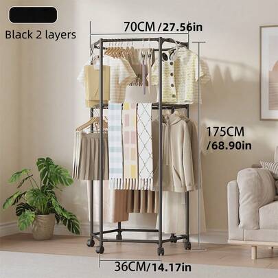 Hexagon Rotating Clothes Drying Rack With Wheels - Sturdy 16mm Metal Tube, Independent Hanging Clothes Racks, Portable Design, Efficient Clothing Storage And Display, Black/White, Laundry Room Organizer | Hexagon Design | Metal Structure, Easy Storage Balcony Clothes Drying Rack