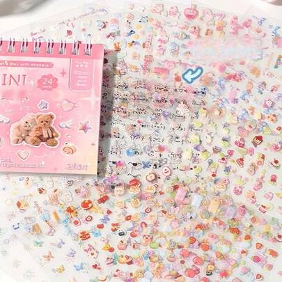 24张可爱卡通贴纸书 - 独特设计，色彩鲜艳柔和 - 高品质PET材质，适合装饰日记本、笔记本等 - 包含充满想象力的动物、人物和趣味图案，表面光滑 - 非常适合DIY手工、摄影道具和礼物装饰 - 易于撕取，是手工爱好者和可爱风格爱好者的理想之选