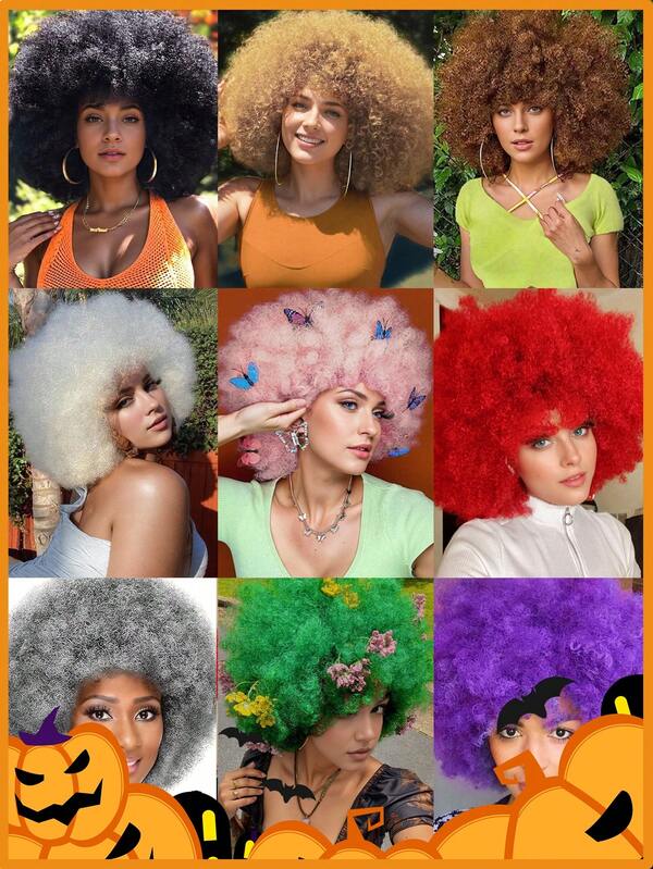 12inch Soft Afro Hair Afro Kinky Curly Hair Wigs With Bangs Halloween Wigs Looking Natural Short Afro Curly Wig For Woven Hair Wigs White Green Red Pink Purple Afro Puff Wig Synthetic Hair Afro Wig Suitable For Halloween, Christmas, Music Festivaland Other Festivals