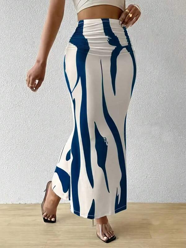 Women's Waist Ruched Floral Print Mermaid Hem Elegant Skirt Spring