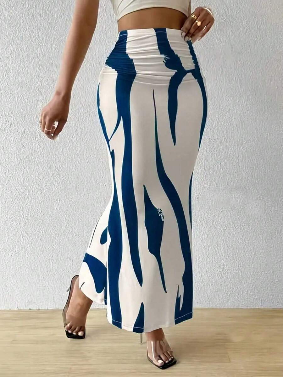 女士腰部褶皱印花美人鱼裙摆优雅春装 - 藍色 - 查看 1